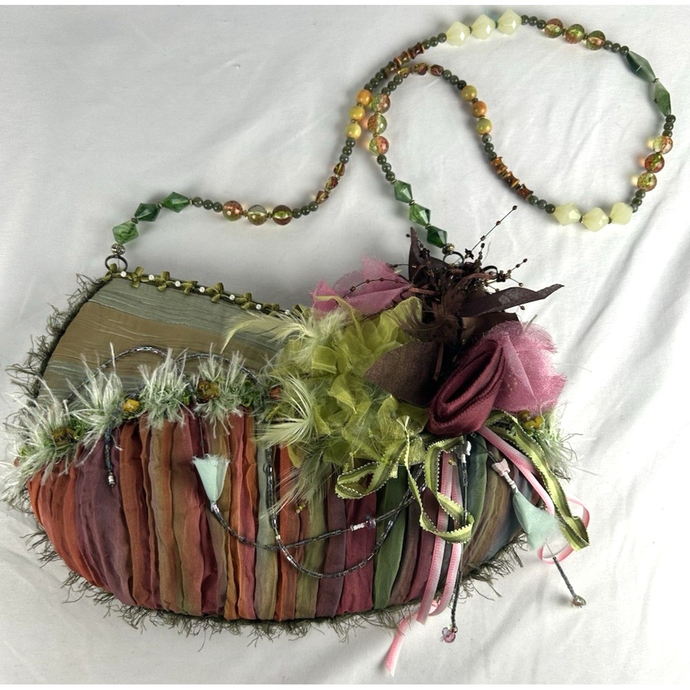 Vintage Mary Frances Beaded Feather Purse Beaded Strap 3D Flowers Rainbow